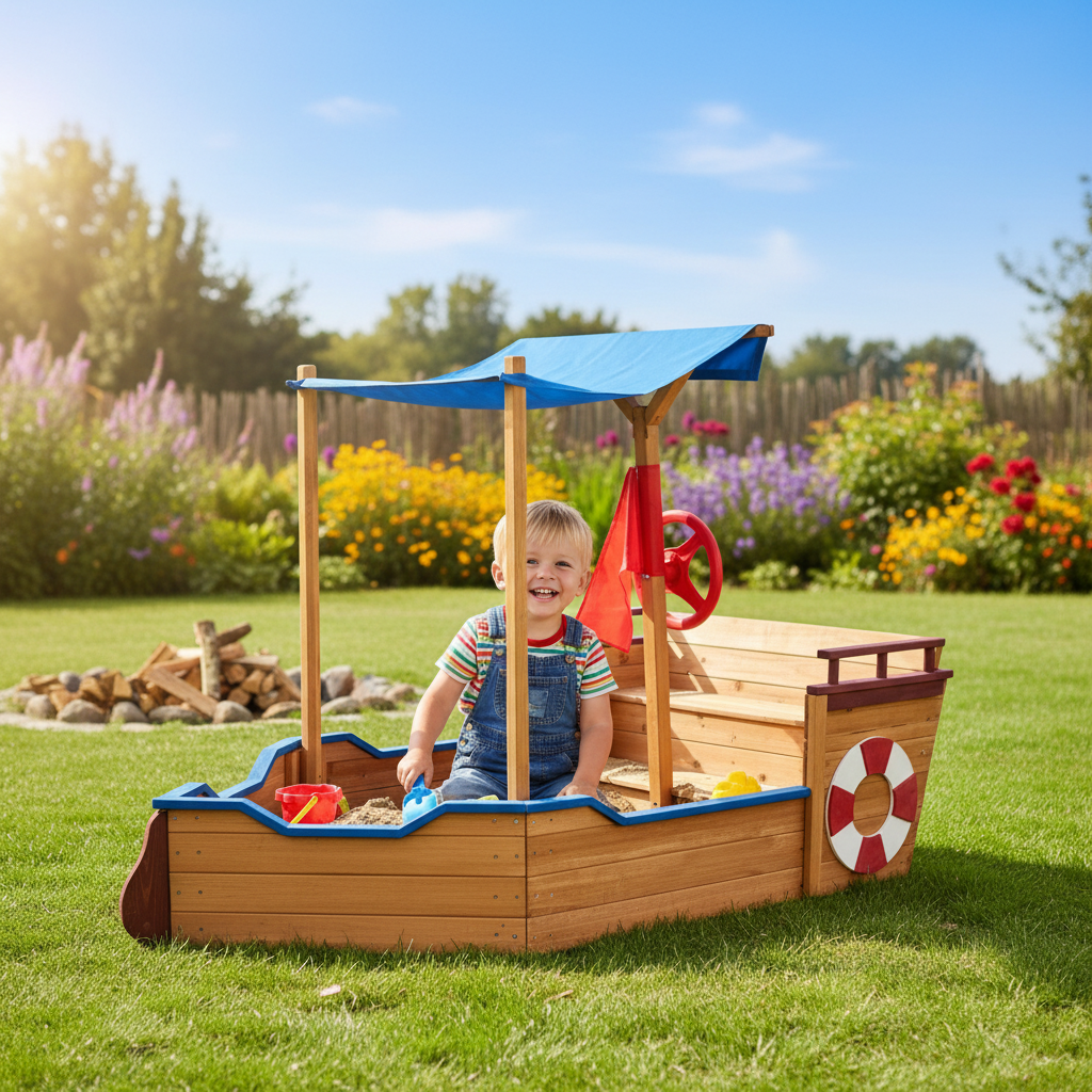 Ship Sandbox Cover Rudder Wooden Storage Bench Seat Toy
