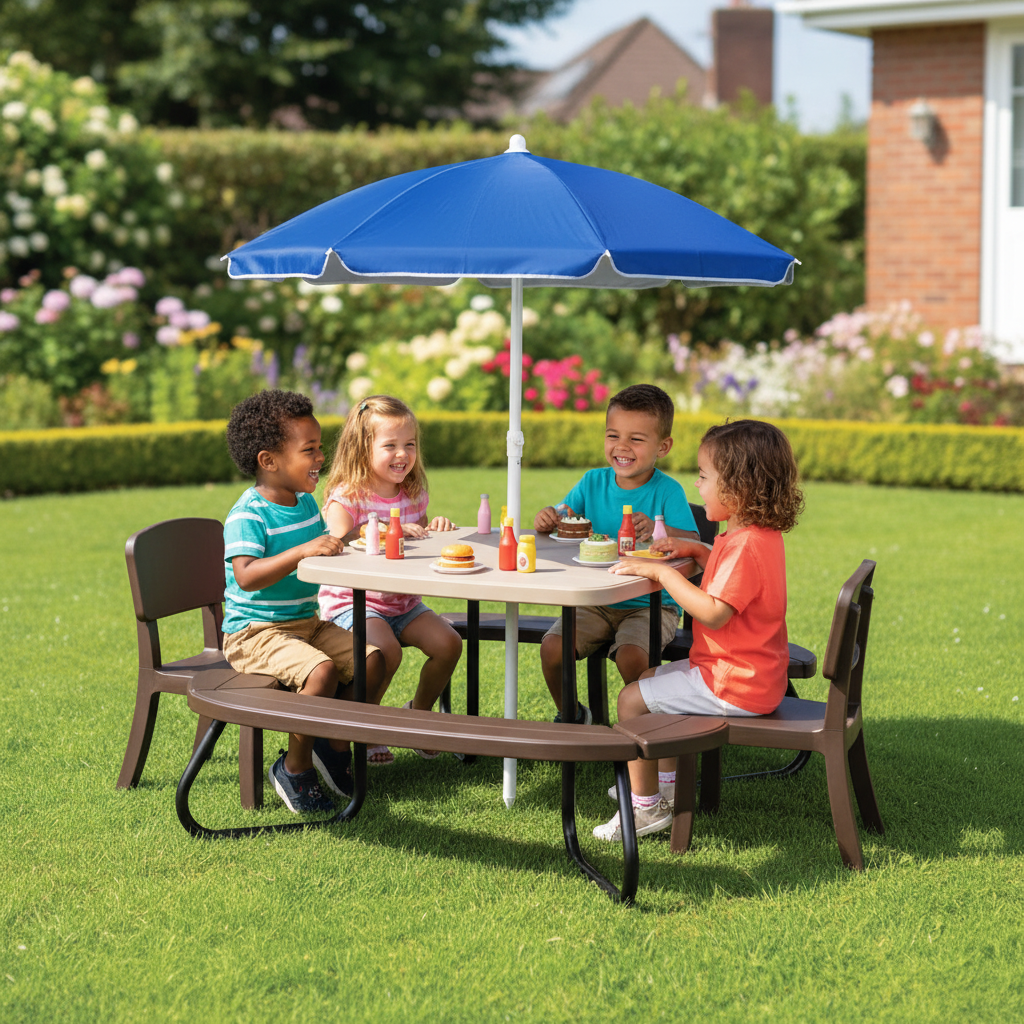 Kids Picnic Table Outdoor Activity Table With Adjustable Collapsible Umbrella