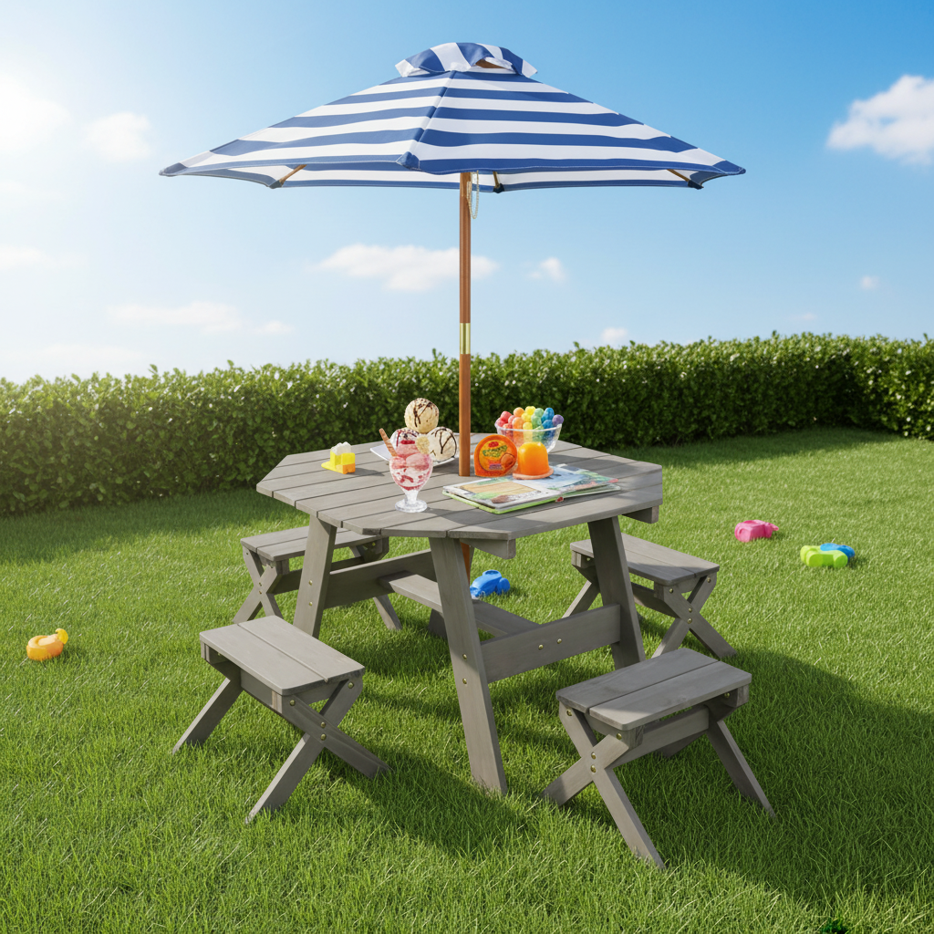Kids Wooden Table Set Octagon 4 Stools Removable Adjustable Umbrella