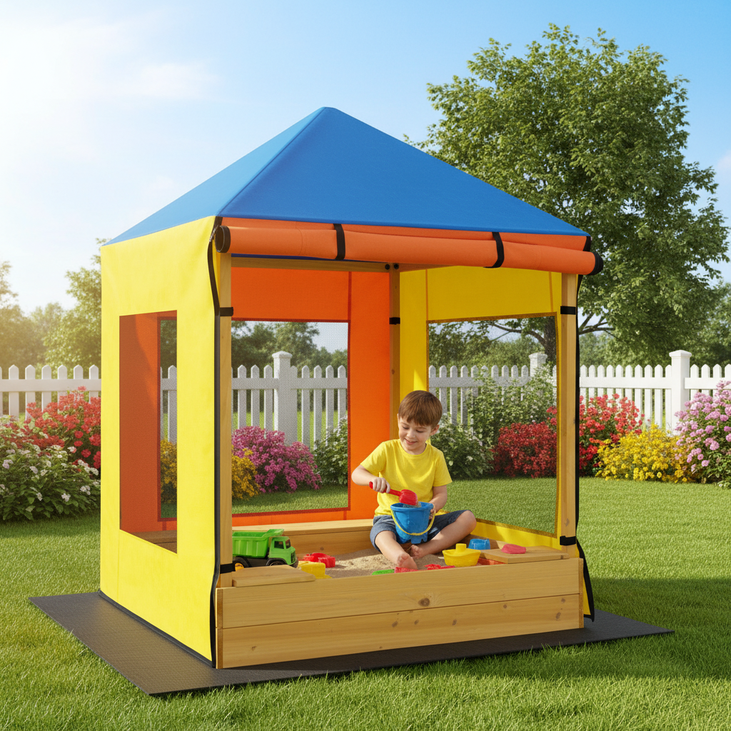 Kids Wooden Sandbox W Canopy Sand Pit Windows Curtains Bench