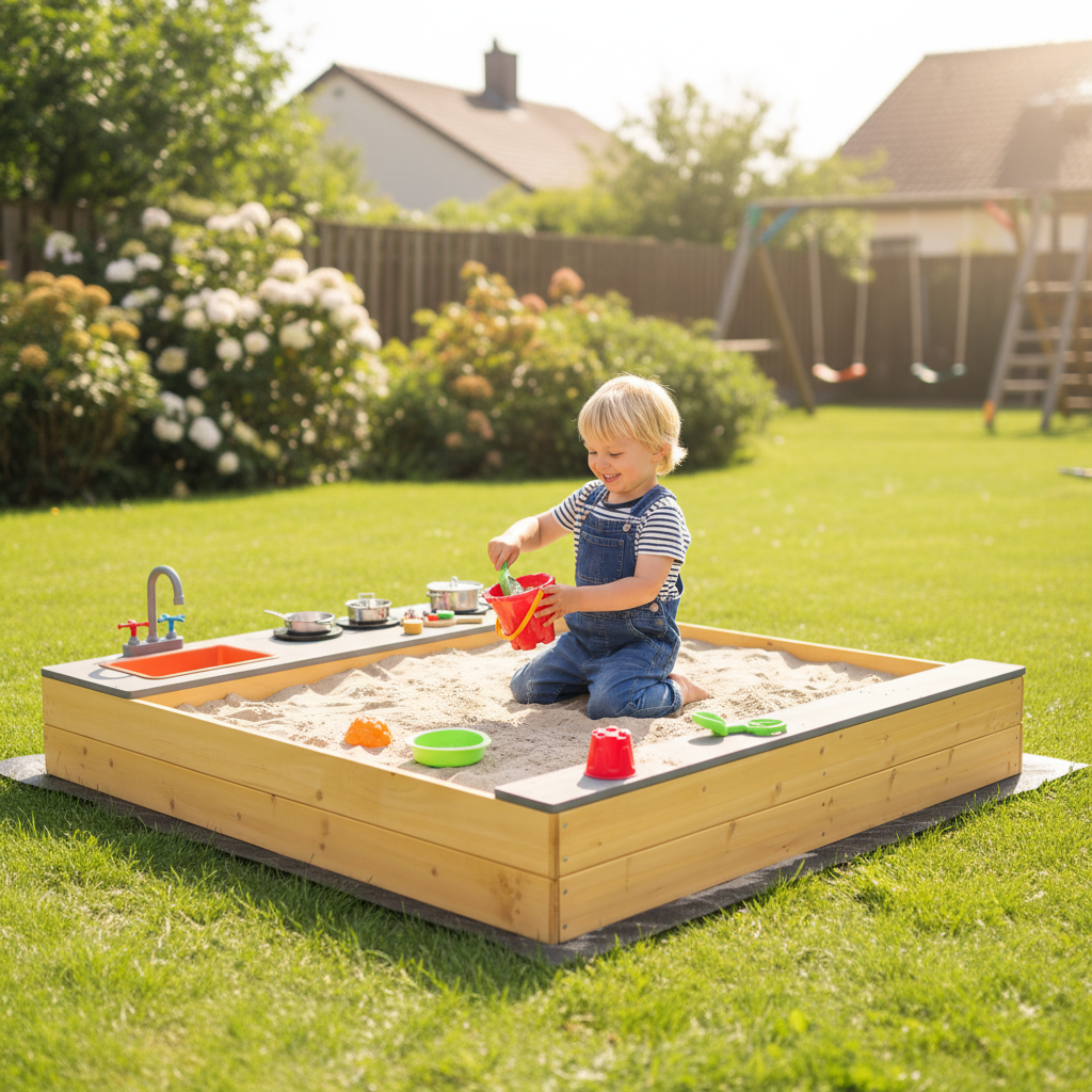 Kids Sandbox Outdoor Wooden Sandpit W Bottom Liner Creative Cooking