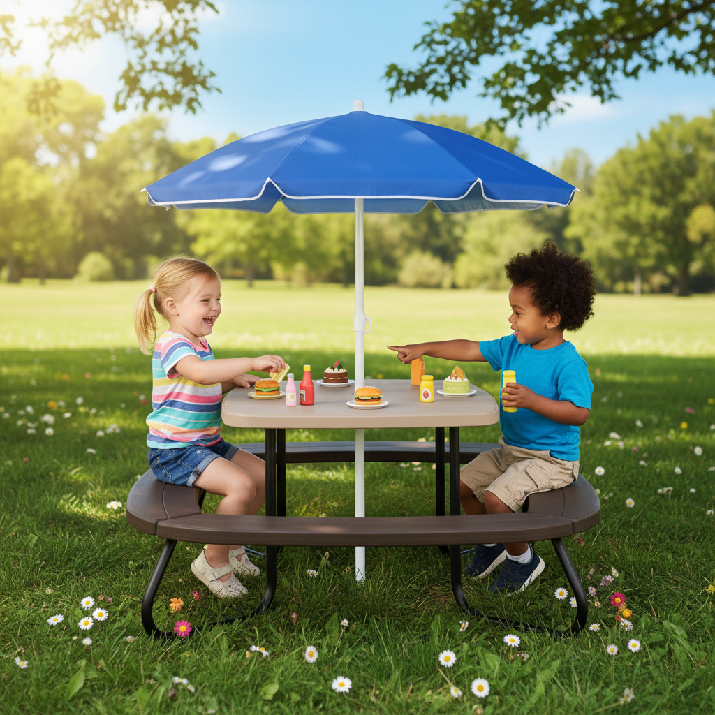 Kids Picnic Table Outdoor Activity Table With Adjustable Collapsible Umbrella
