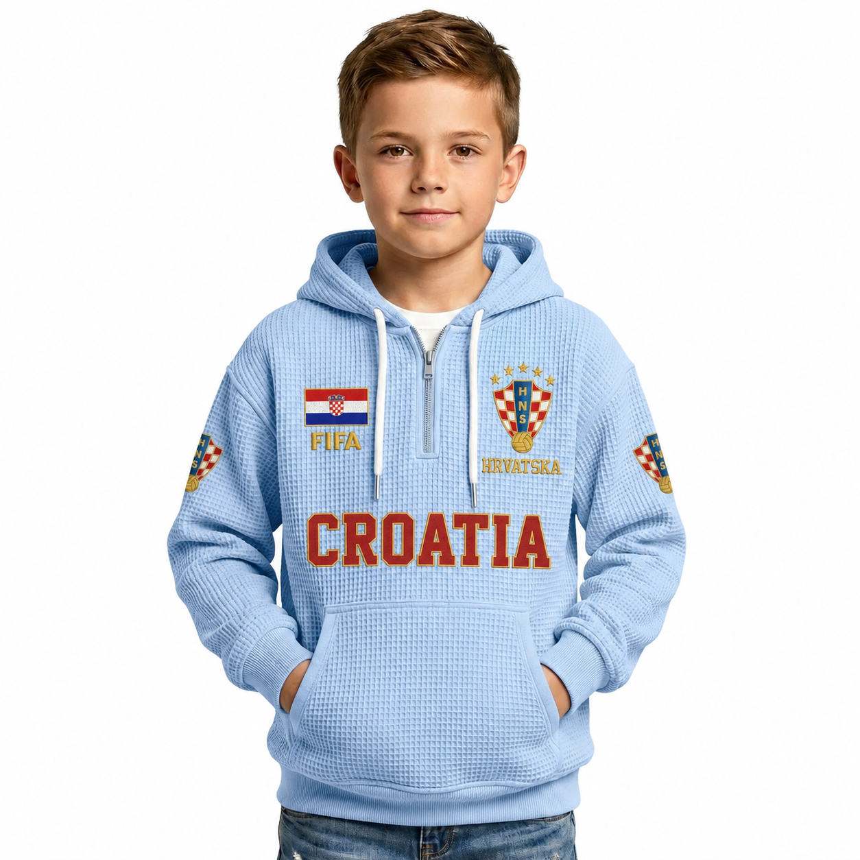 FIFA 2026 Croatia Printed Waffle Quarter Zip Football Fan Hoodie For Kids