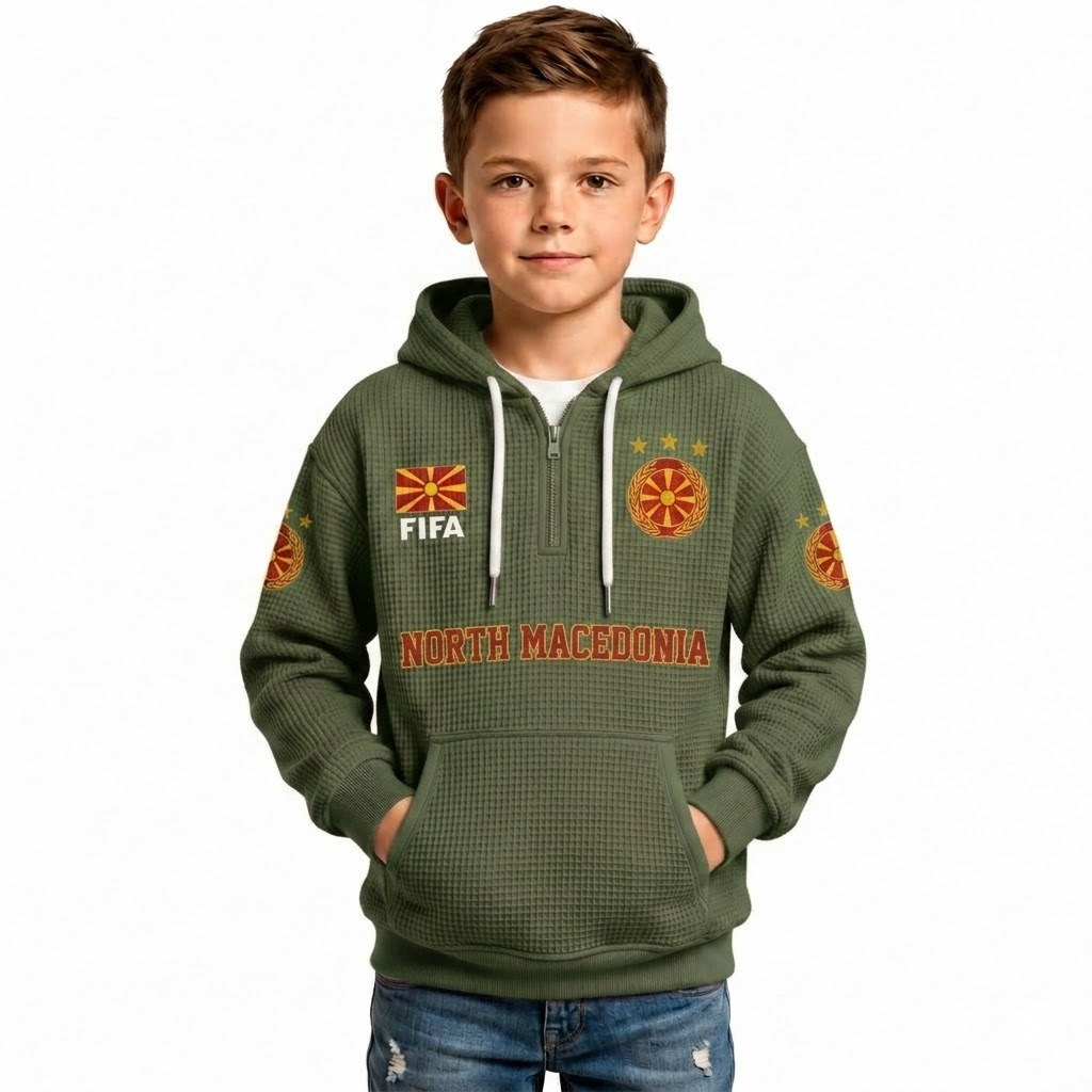 FIFA 2026 North Macedonia Printed Waffle Quarter Zip Football Fan Hoodie For Kids