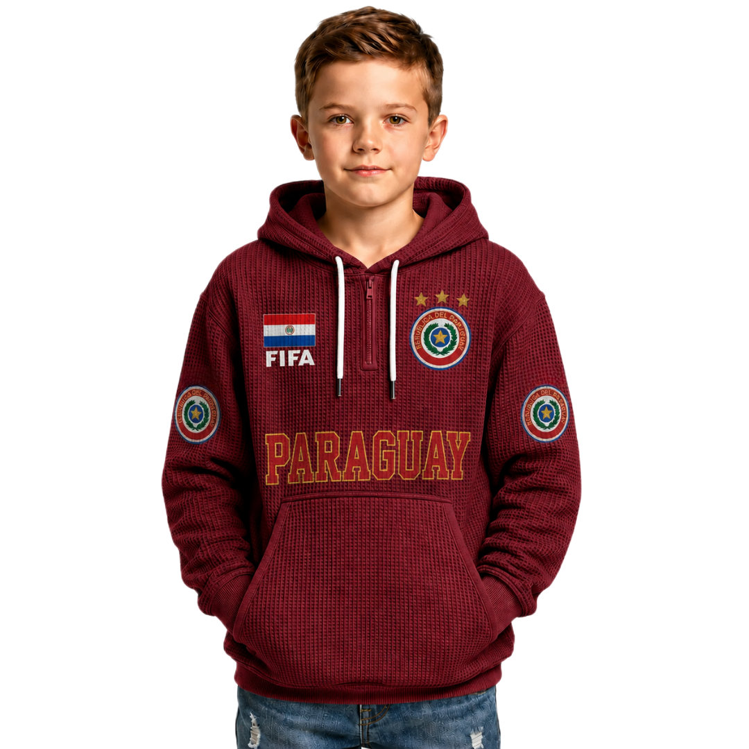 FIFA 2026 Paraguay Printed Waffle Quarter Zip Football Fan Hoodie For Kids