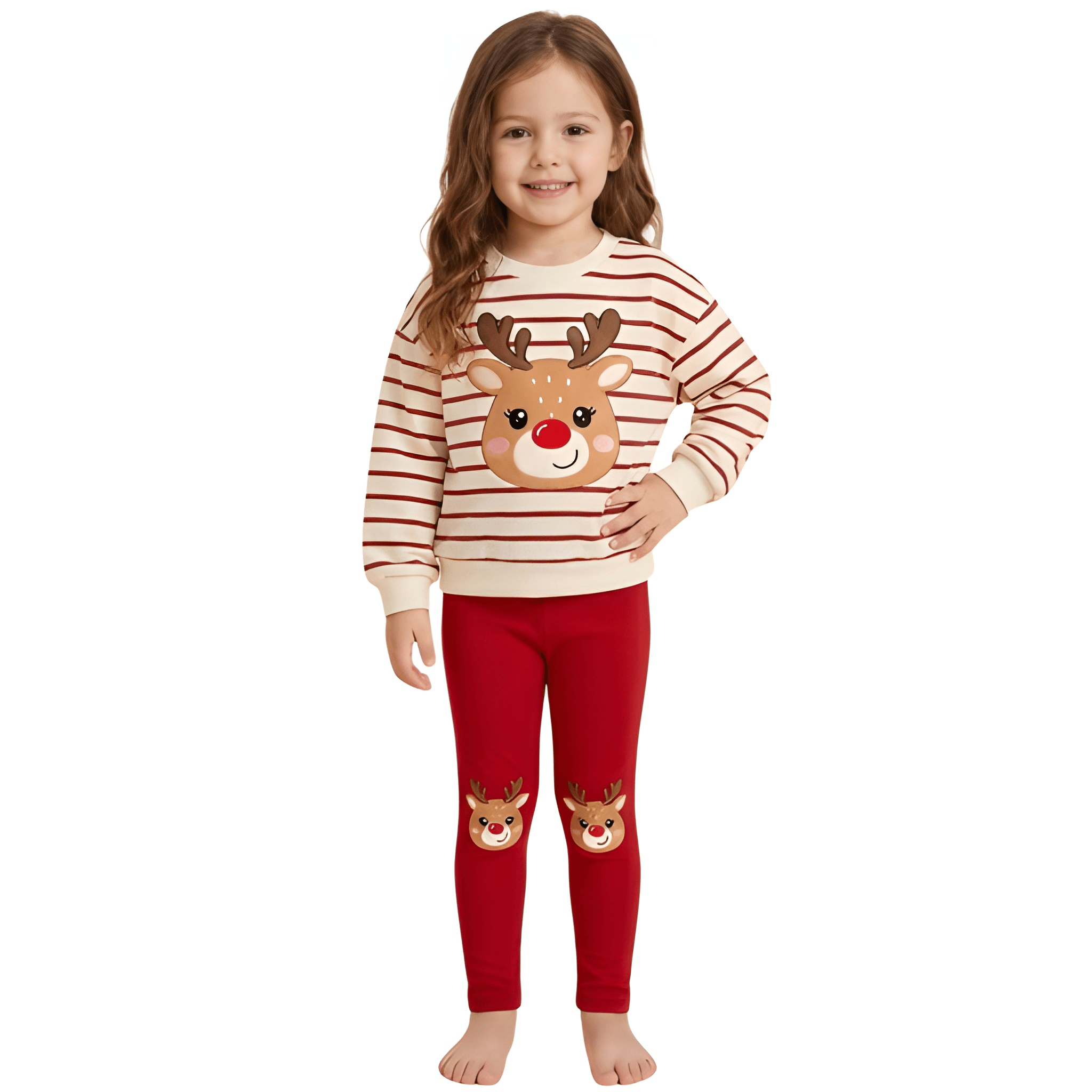 Christmas Reindeer Print Long Sleeve Top And Legging Set For Girls