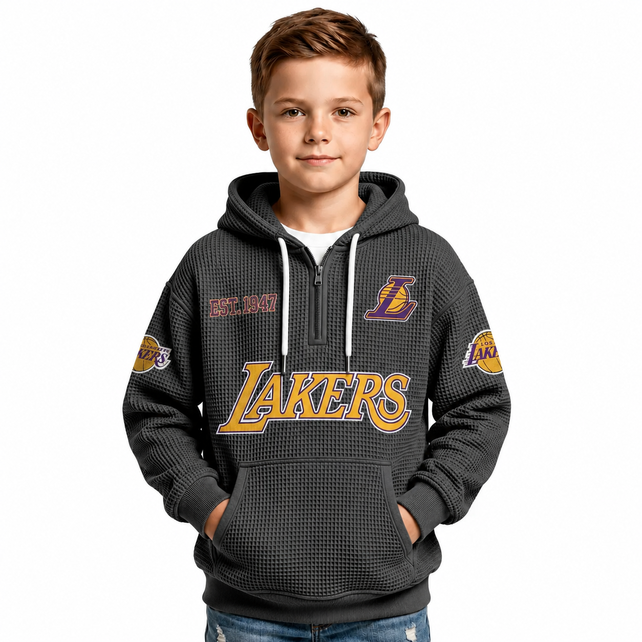 Los Angeles Lakers EST 1947 Printed Waffle Quarter Zip Basketball Fan Hoodie For Kids