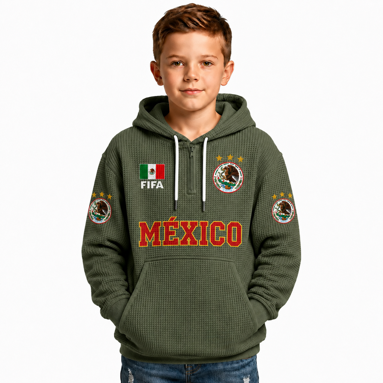 FIFA 2026 Mexico Printed Waffle Quarter Zip Football Fan Hoodie For Kids