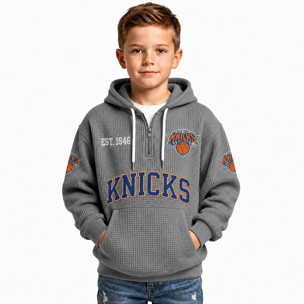 New York Knicks EST 1946 Printed Waffle Quarter Zip Basketball Fan Hoodie For Kids