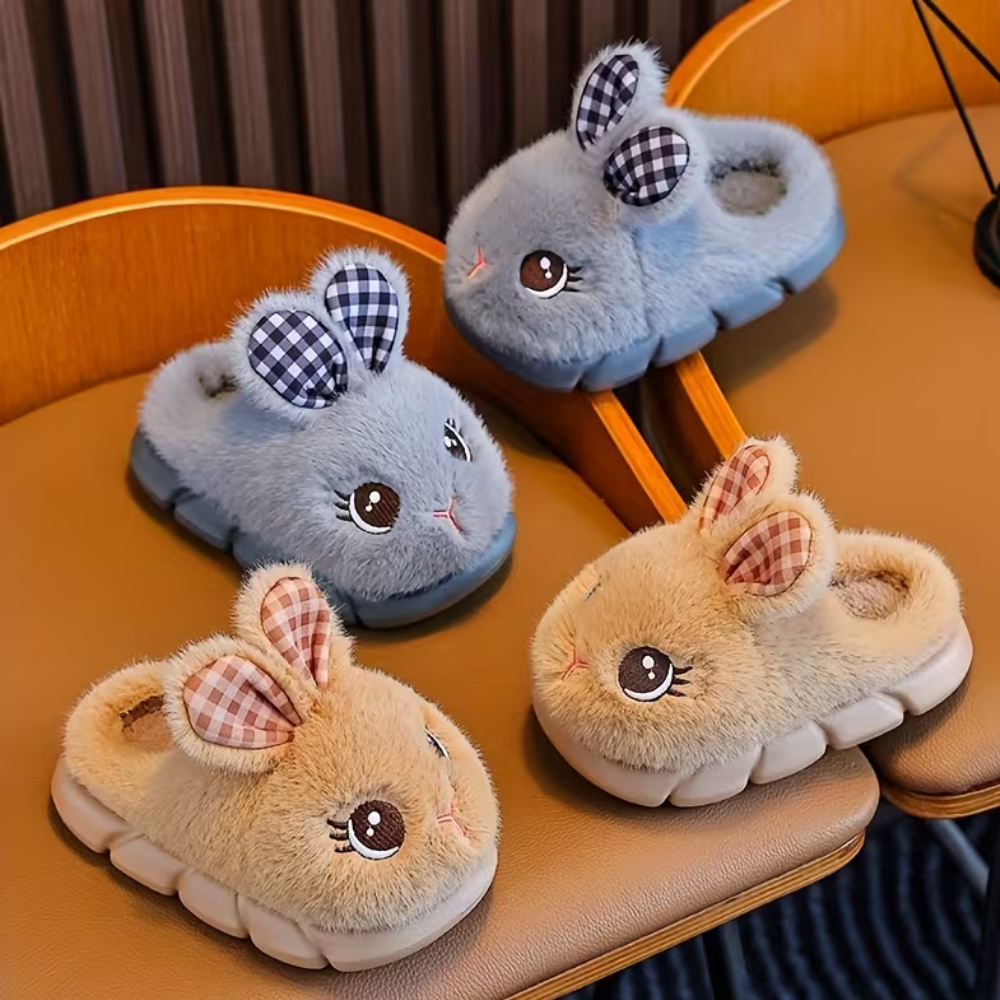 Plush Bunny Slip On Slippers With Warm Lining And PVC Sole For Kids