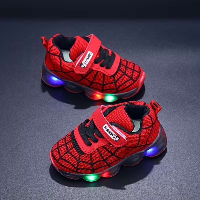 Flashing LED Sneakers With Mesh Spider Design For Kids