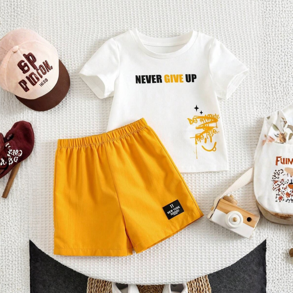 Two Piece Short Sleeve Slogan T Shirt And Camo Shorts Set For Babies
