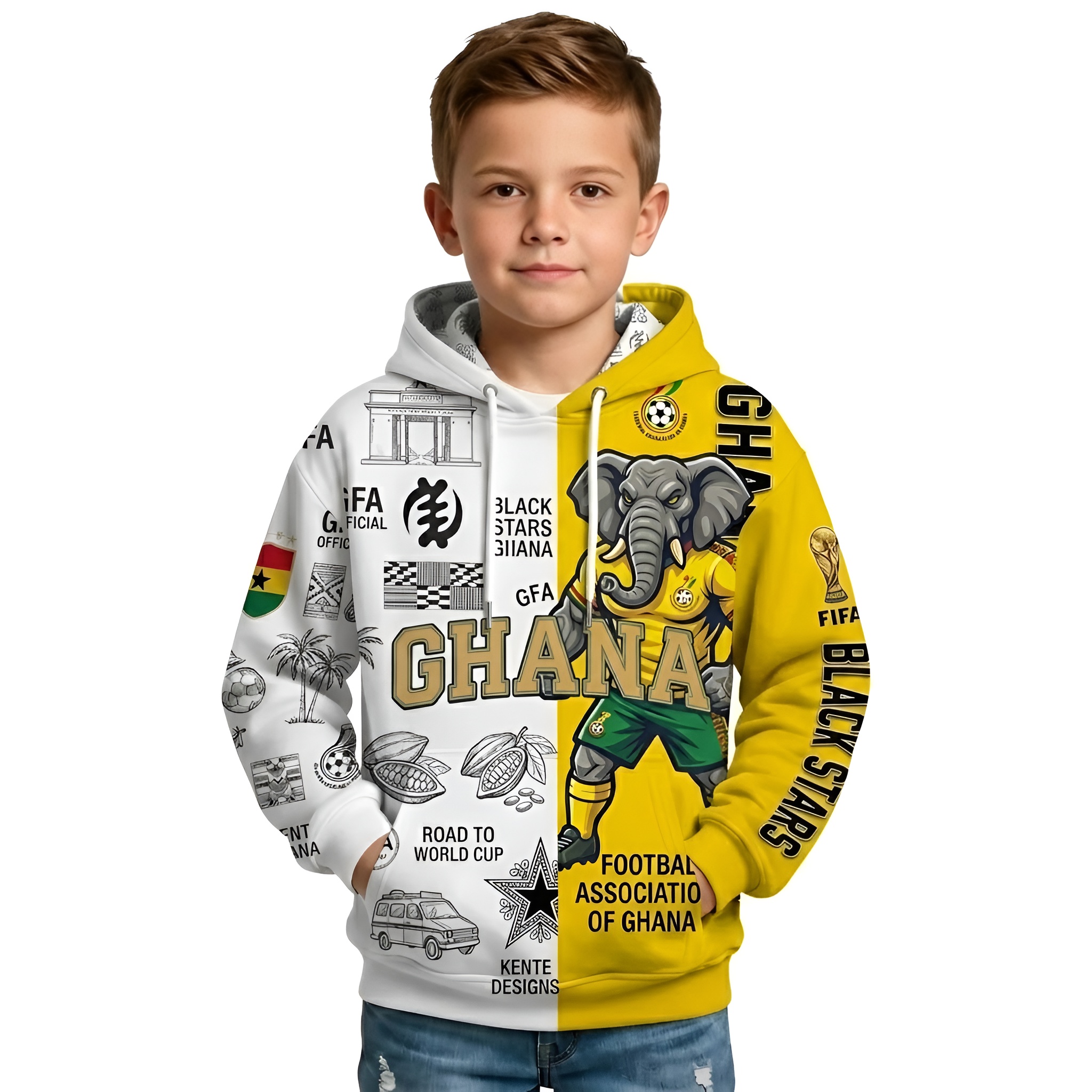 FIFA 2026 Ghana Football Themed All Over Printed Hoodie For Kids