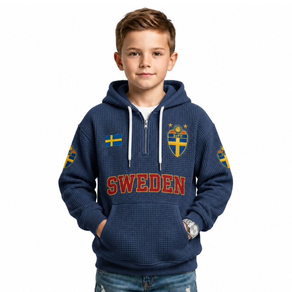 Sweden Printed Waffle Quarter Zip Football Fan Hoodie For Kids