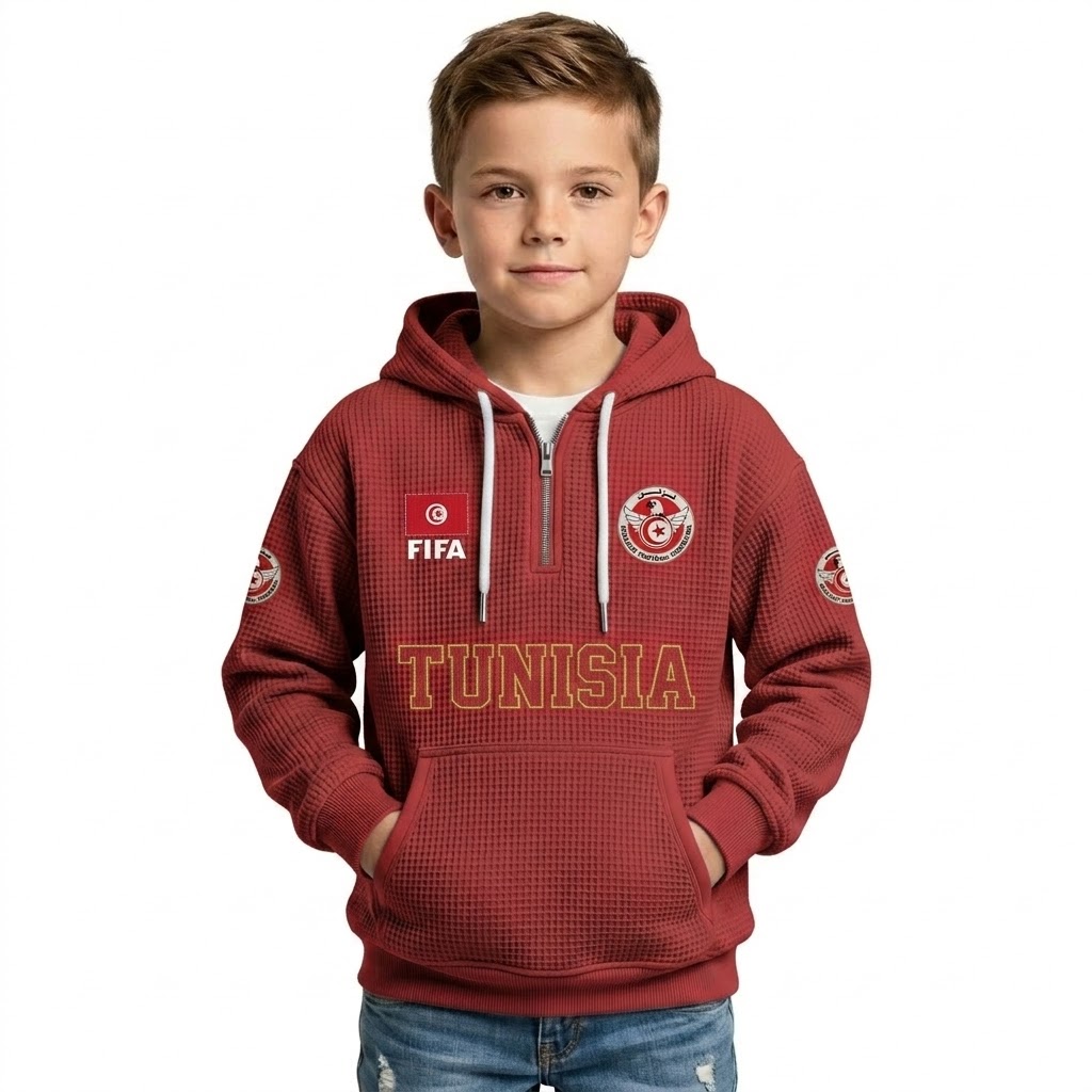 FIFA 2026 Tunisia Printed Waffle Quarter Zip Football Fan Hoodie For Kids