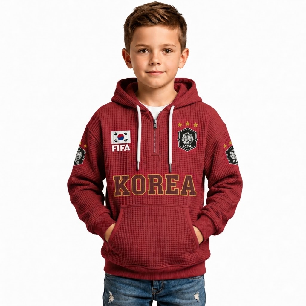FIFA 2026 South Korea Printed Waffle Quarter Zip Football Fan Hoodie For Kids