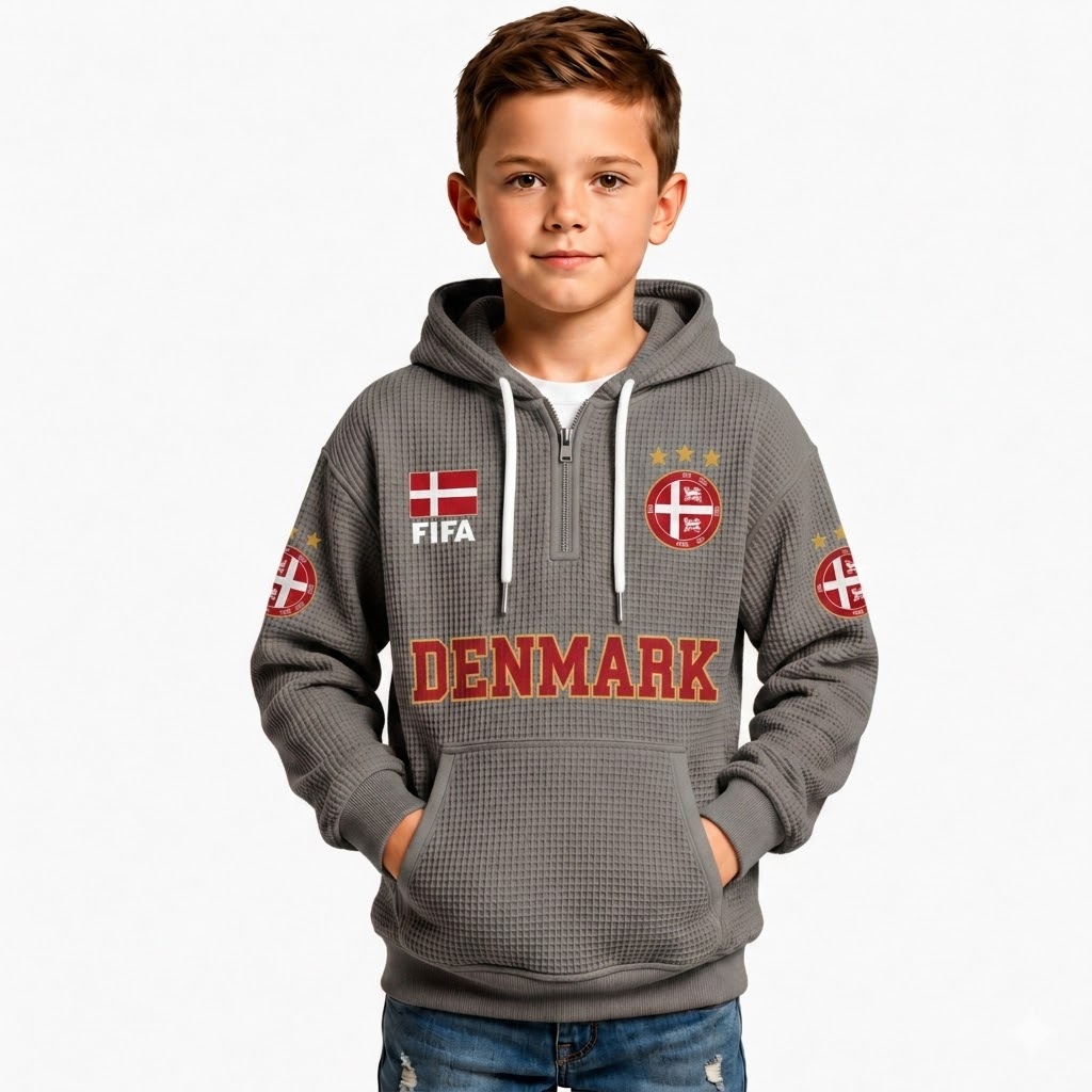 FIFA 2026 Denmark Printed Waffle Quarter Zip Football Fan Hoodie For Kids