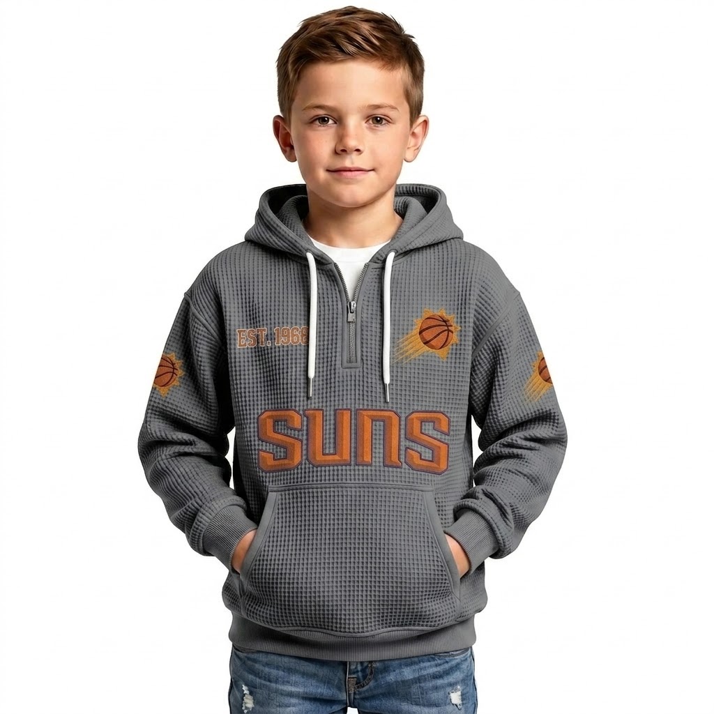 Phoenix Suns EST 1968 Printed Waffle Quarter Zip Basketball Fan Hoodie For Kids