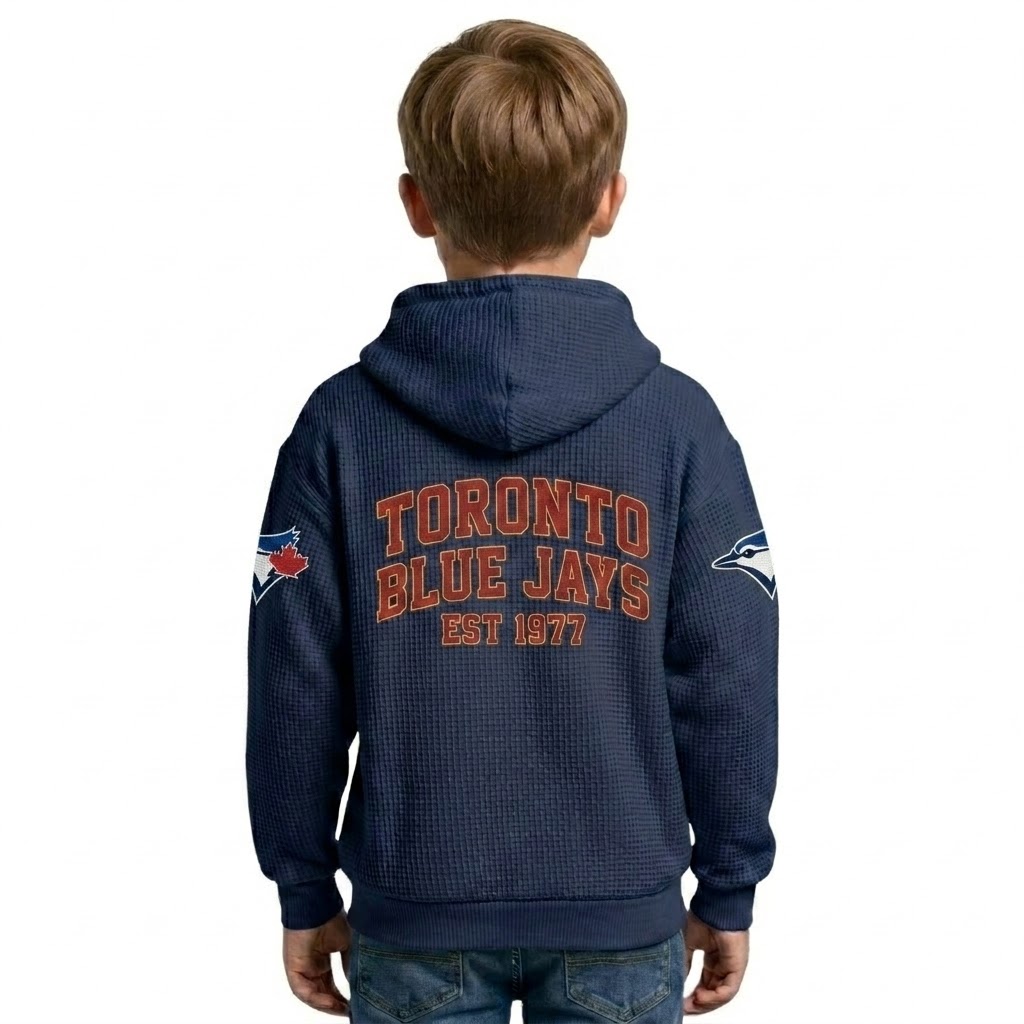 Toronto Blue Jays EST 1977 Printed Waffle Quarter Zip Baseball Fan Hoodie For Kids