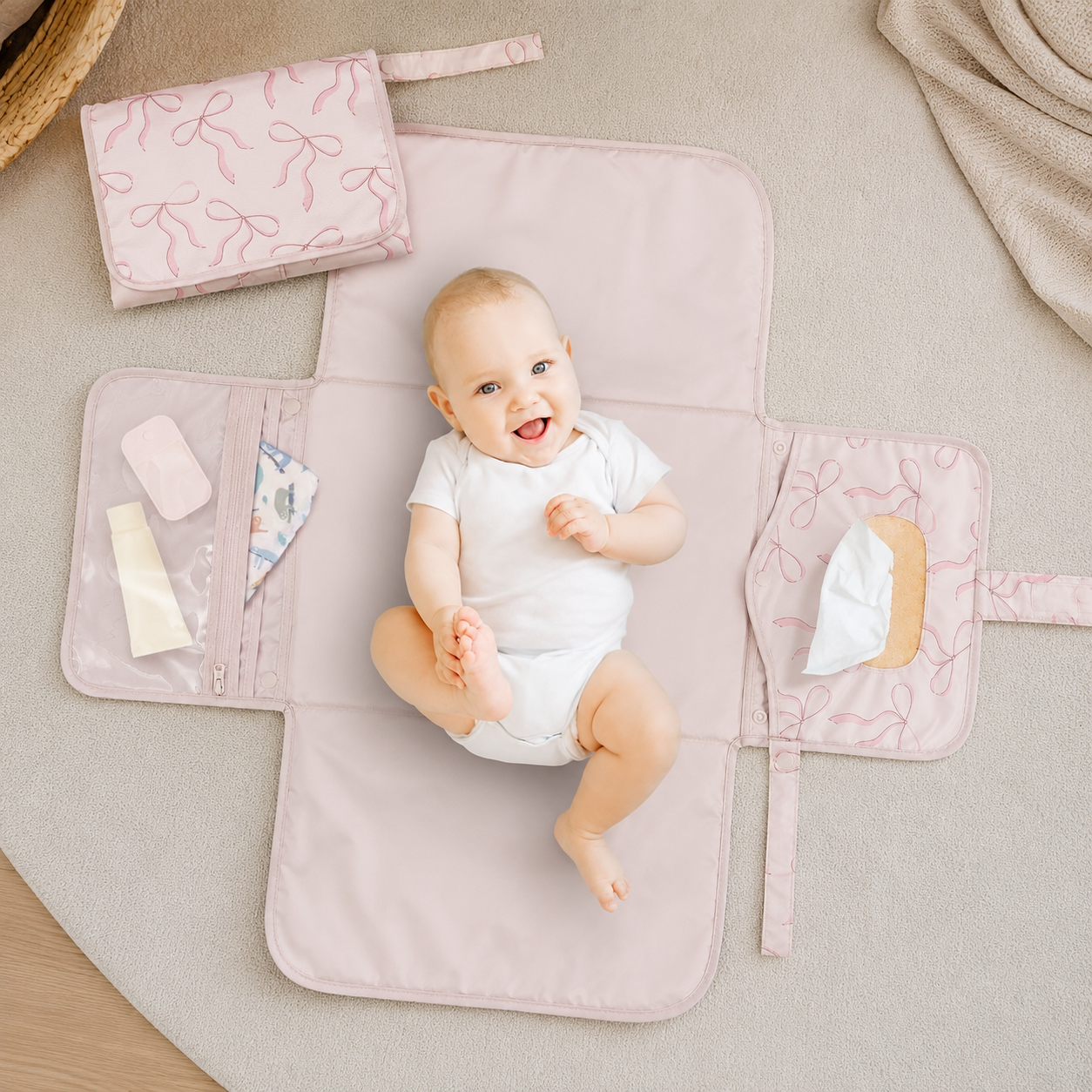 Portable Waterproof Diaper Changing Pad With Wipes Pocket For Travel