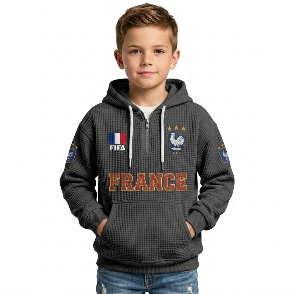 FIFA 2026 France Printed Waffle Quarter Zip Football Fan Hoodie For Kids