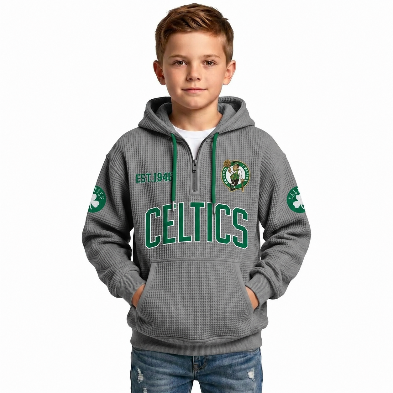 Boston Celtics EST 1946 Printed Waffle Quarter Zip Basketball Fan Hoodie For Kids
