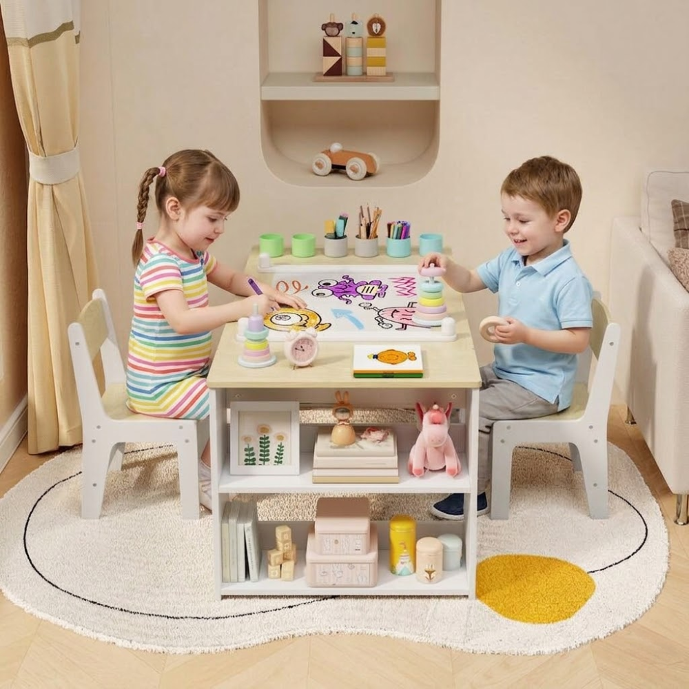 Multipurpose Kids Play Table And Chair Set With Built In Storage Shelves