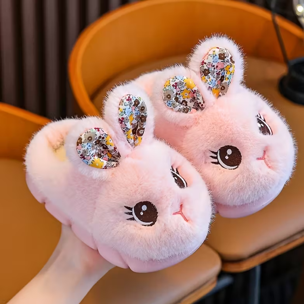 Plush Bunny Slip On Slippers With Warm Lining And PVC Sole For Kids