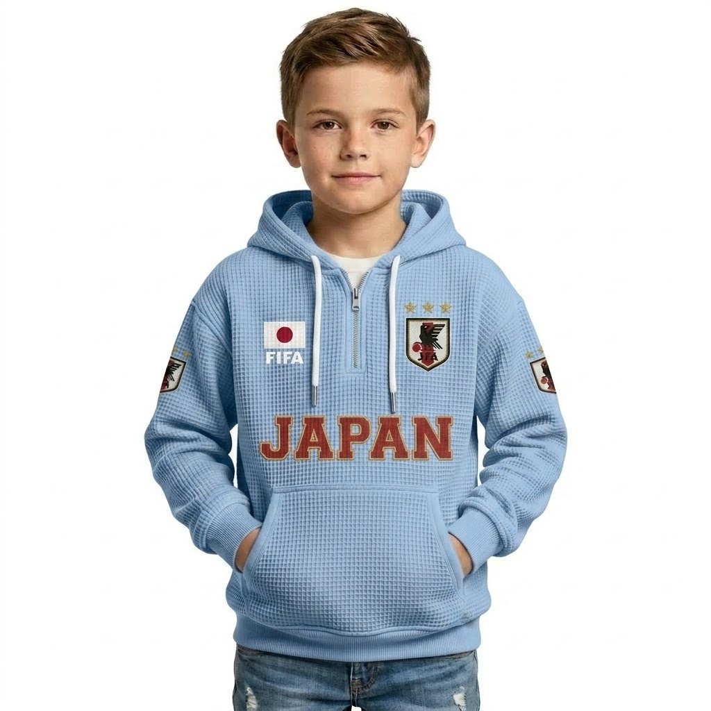 FIFA 2026 Japan Printed Waffle Quarter Zip Football Fan Hoodie For Kids