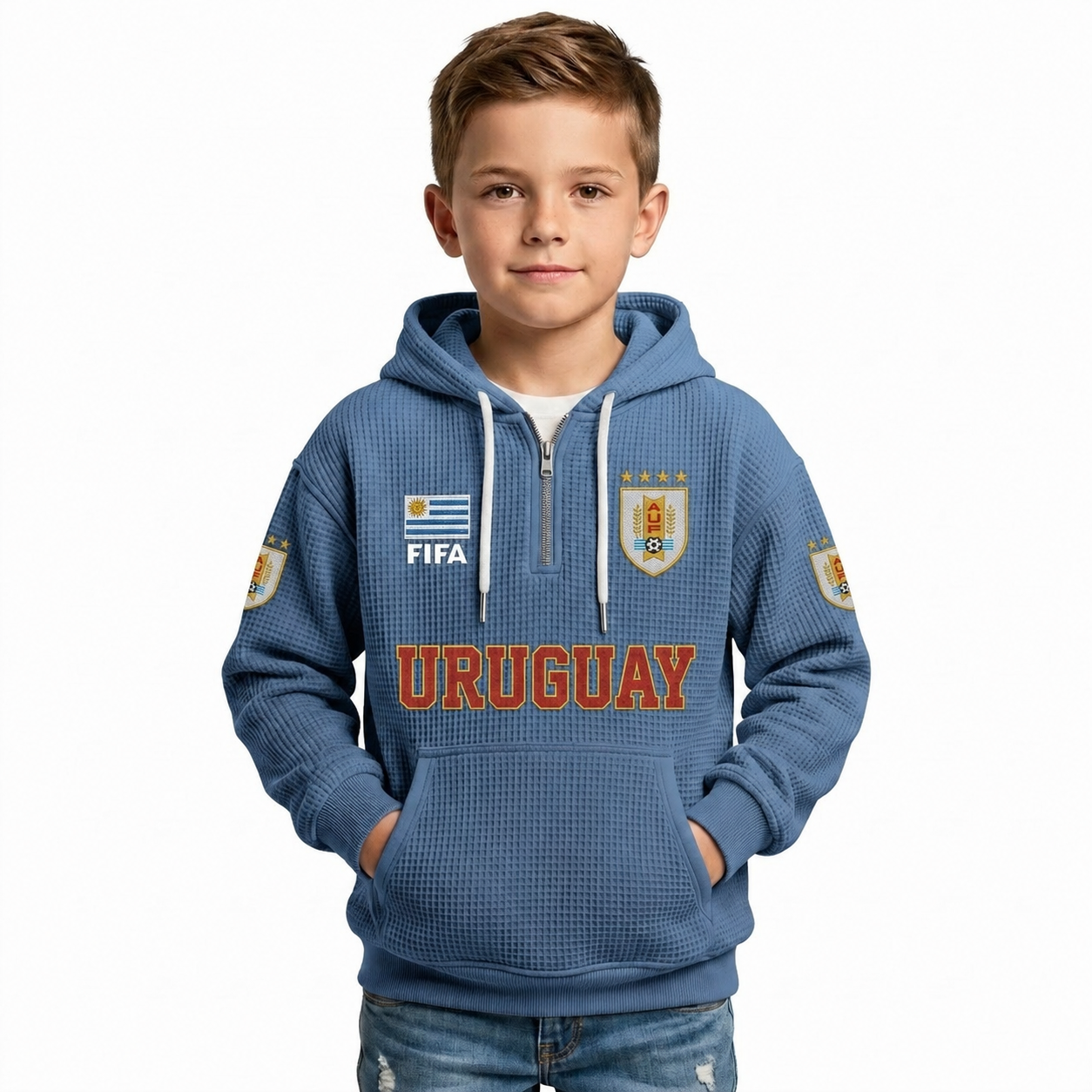 FIFA 2026 Uruguay Printed Waffle Quarter Zip Football Fan Hoodie For Kids