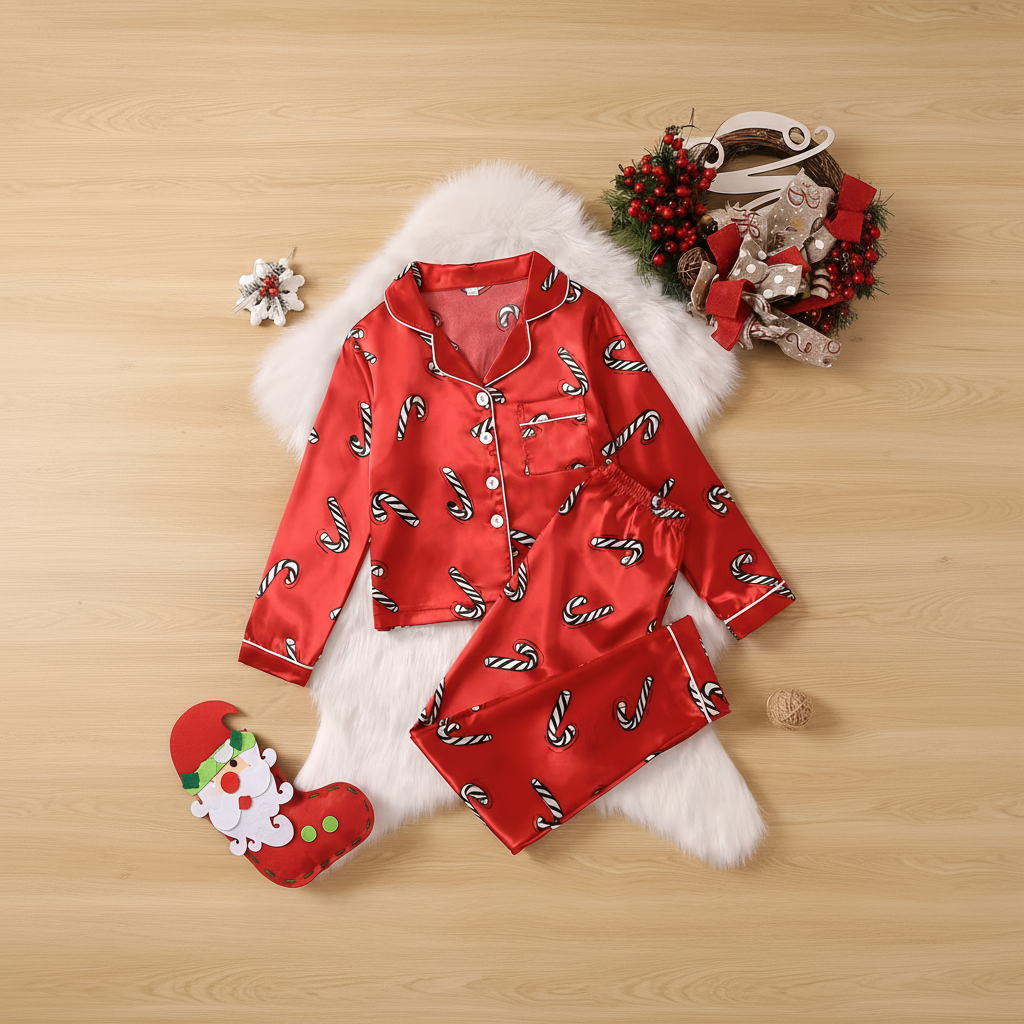 Candy Cane Themed Satin Christmas Pajama Set For Kids