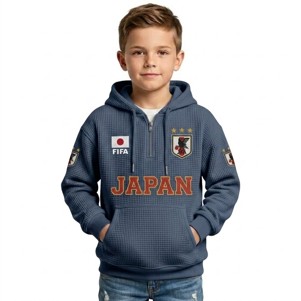 FIFA 2026 Japan Printed Waffle Quarter Zip Football Fan Hoodie For Kids