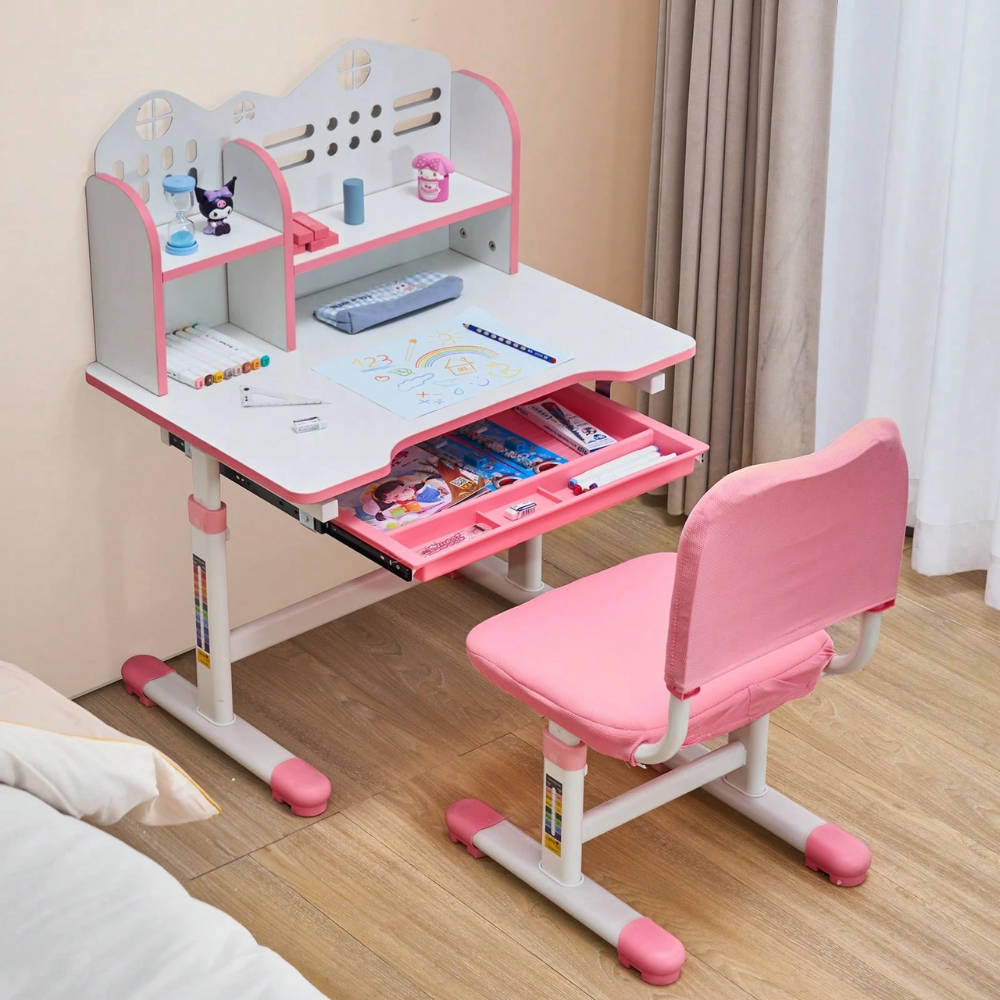 Study Chair And Desk Set With Bookshelf Storage For Kids