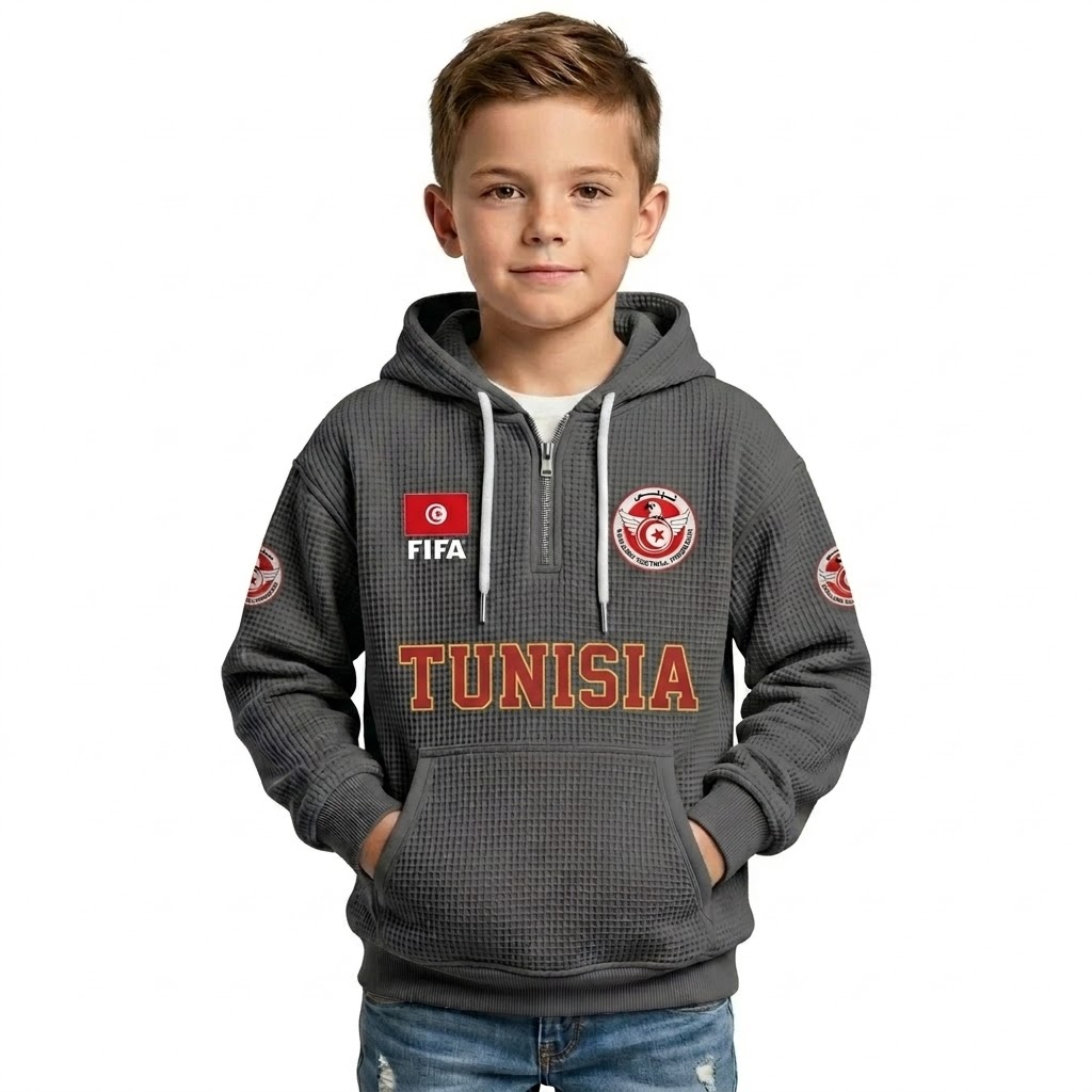 FIFA 2026 Tunisia Printed Waffle Quarter Zip Football Fan Hoodie For Kids