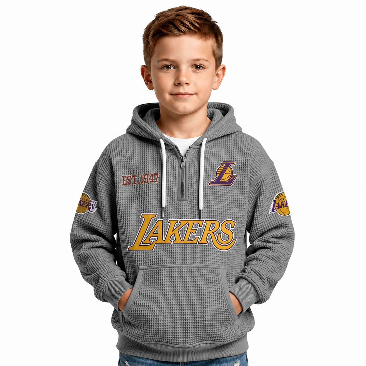 Los Angeles Lakers EST 1947 Printed Waffle Quarter Zip Basketball Fan Hoodie For Kids