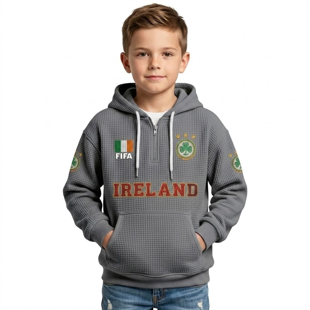 FIFA 2026 Ireland Printed Waffle Quarter Zip Football Fan Hoodie For Kids