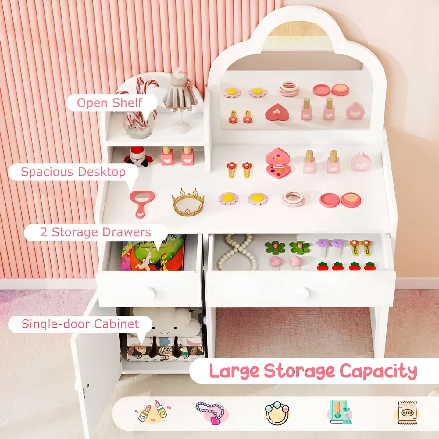 Kids Vanity Table Chair Cloud Shaped Mirror Open Shelf 