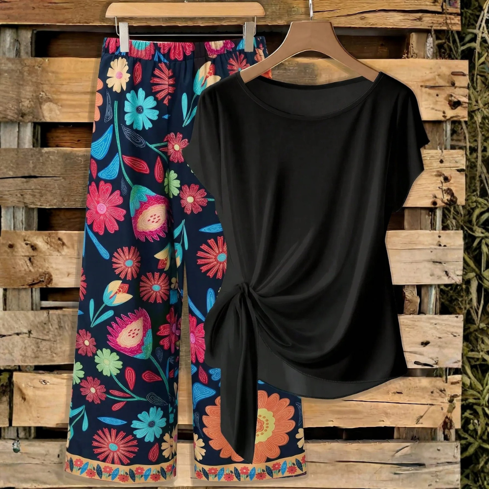 Casual Bowknot Shirt & Loose Straight Geometric Print Pants Set