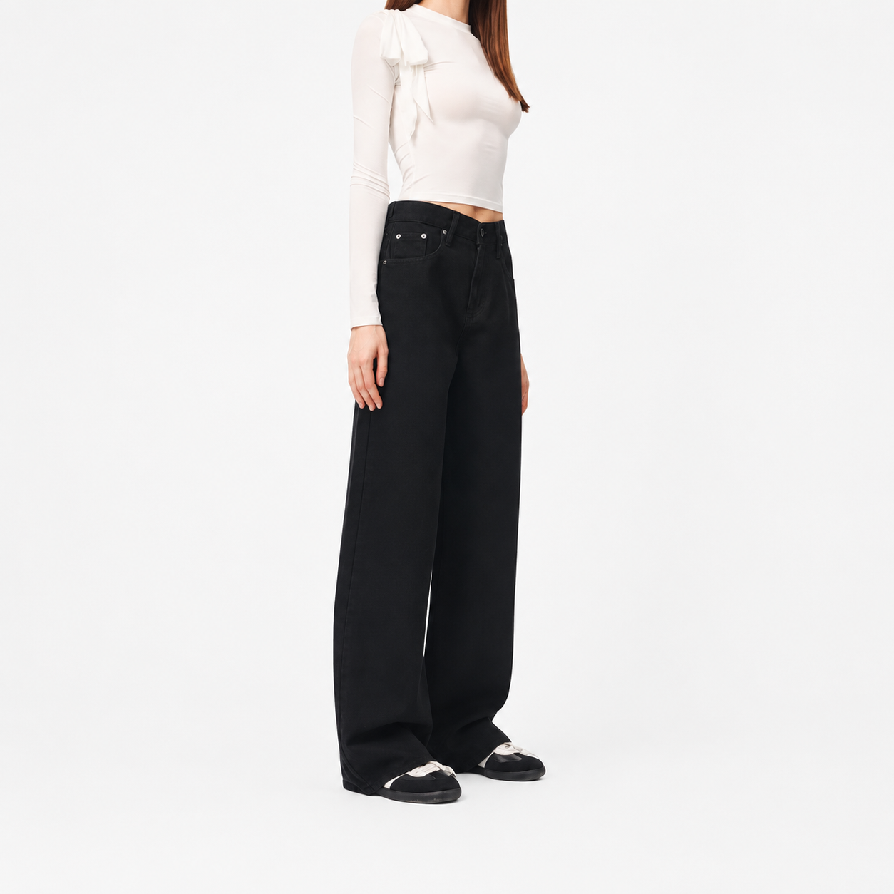 High Rise Wide Straight Baggy Jeans With Snap Button Waistband For Women