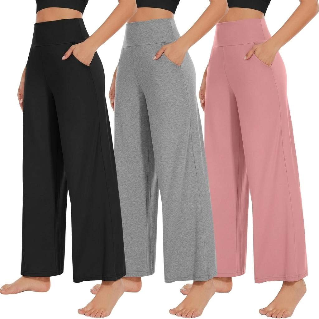 Pack Of 3 Wide Fit High Rise Pants Pockets For Women
