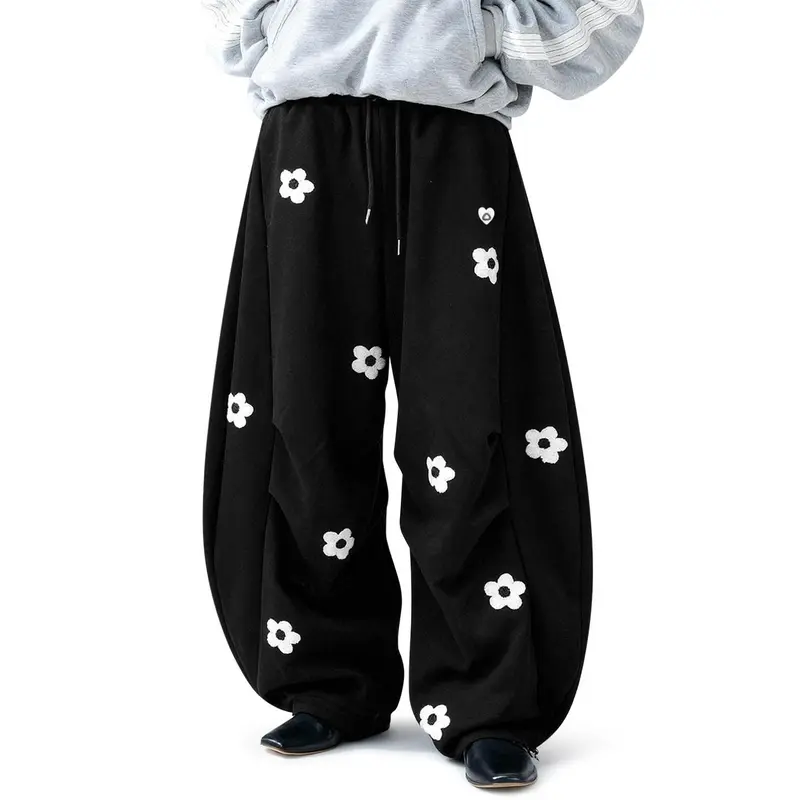 Casual Baggy Loose Floral Embroidery Sweatpants For Men And Women
