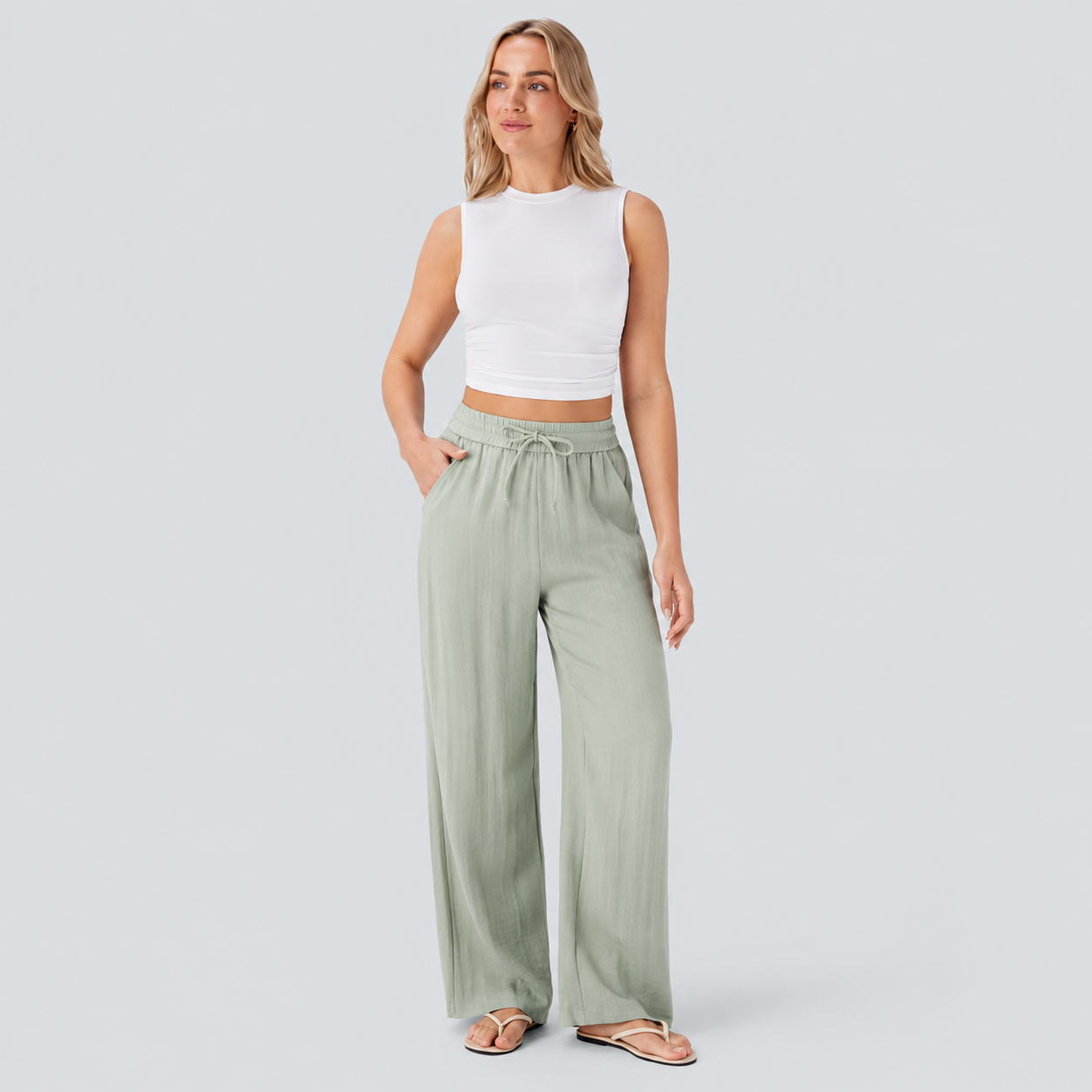 High Rise Wide Fit Drawstring Casual Pants With Pockets For Women