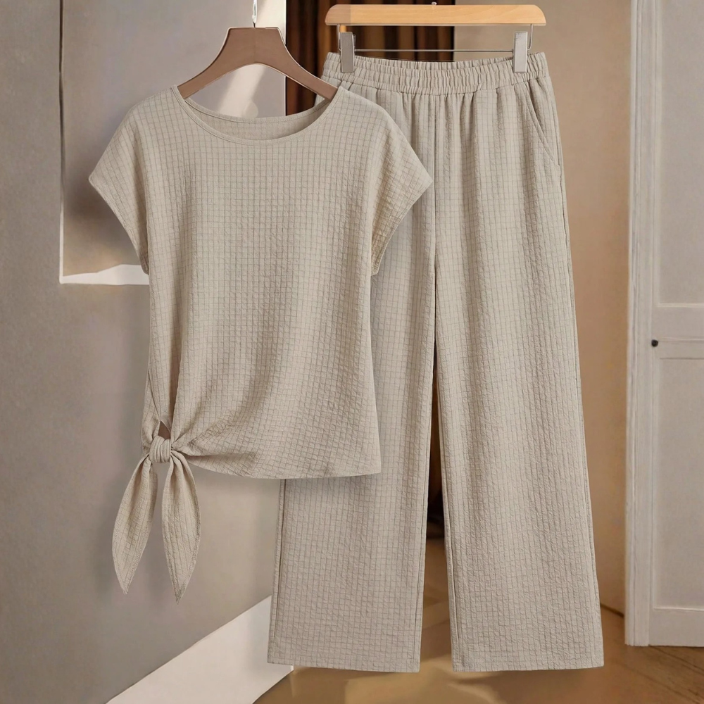 Casual Bowknot Shirt & Loose Straight Geometric Print Pants Set