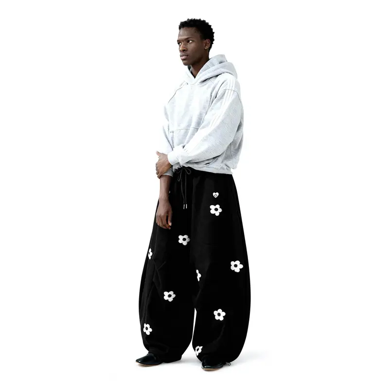 Casual Baggy Loose Floral Embroidery Sweatpants For Men And Women