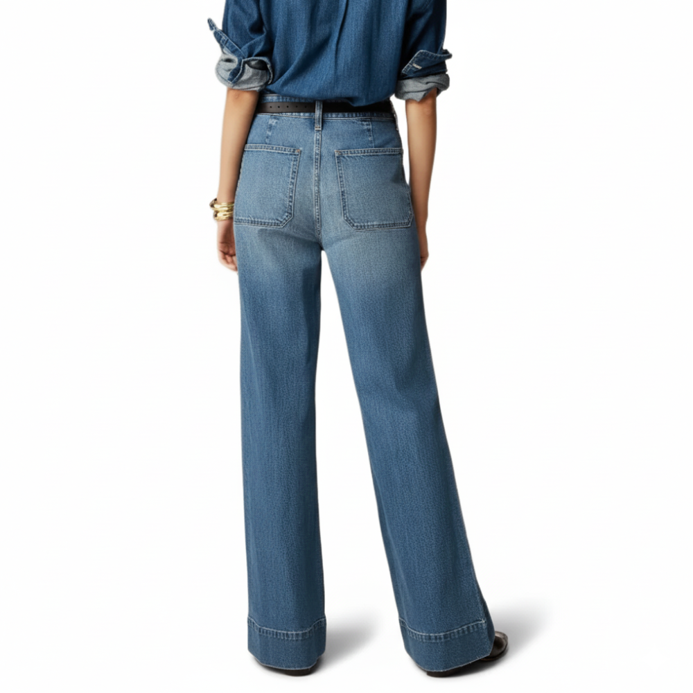 Sailor Style Patch Pocket Wide Cut Denim Jeans
