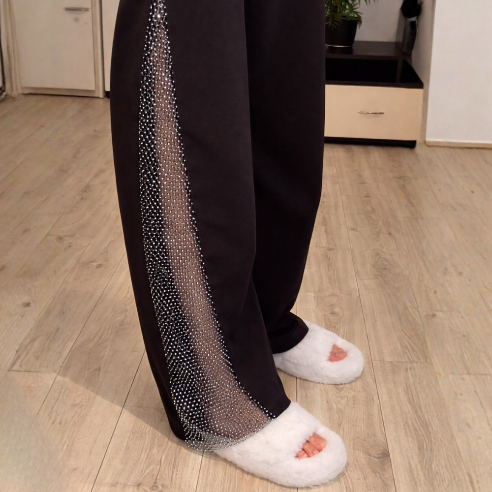Women's warm trousers with mesh and rhinestones