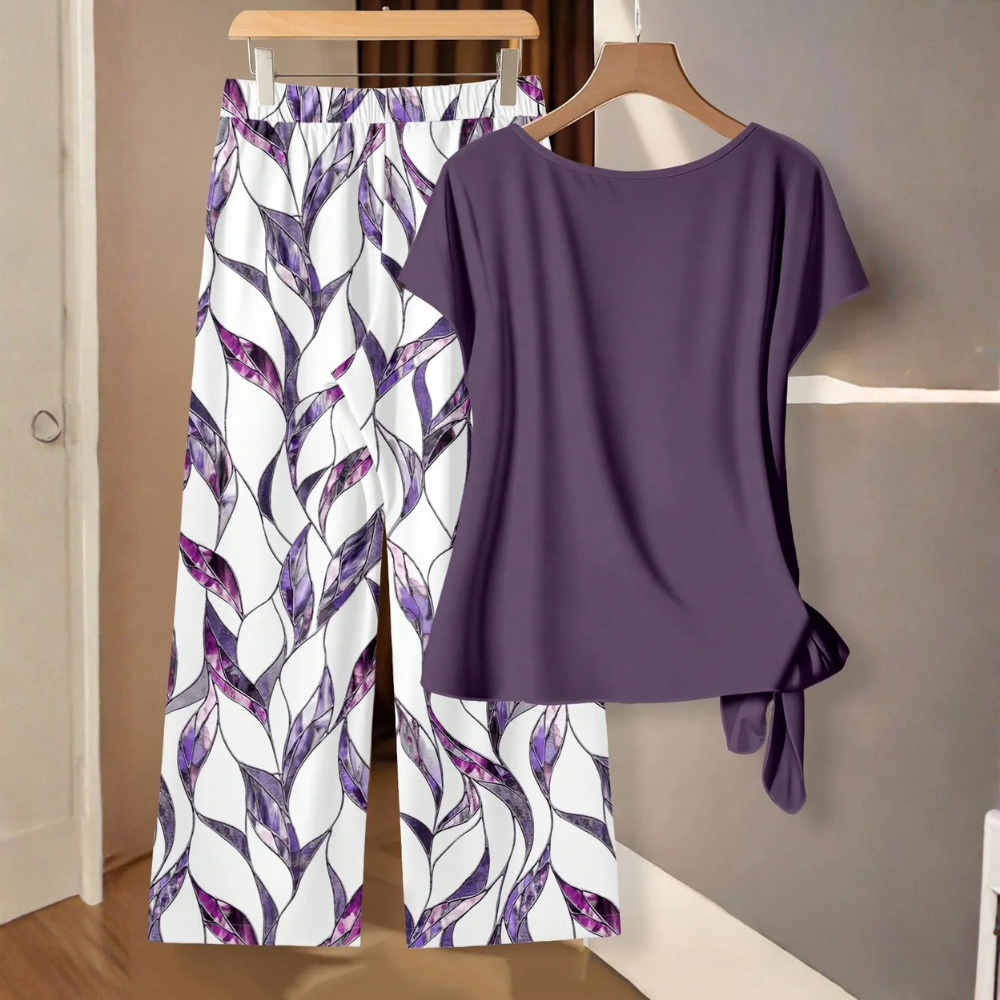 Casual Bowknot Shirt & Loose Straight Geometric Print Pants Set