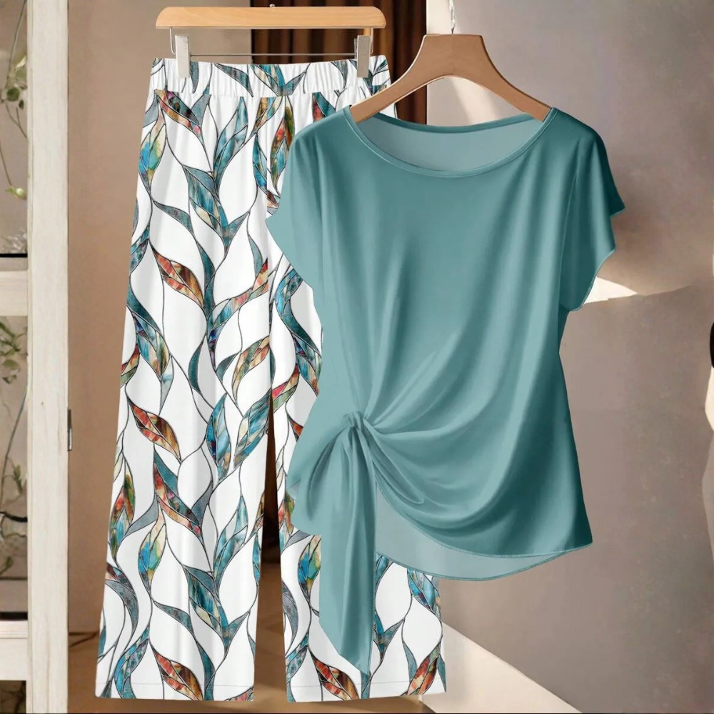 Casual Bowknot Shirt & Loose Straight Geometric Print Pants Set