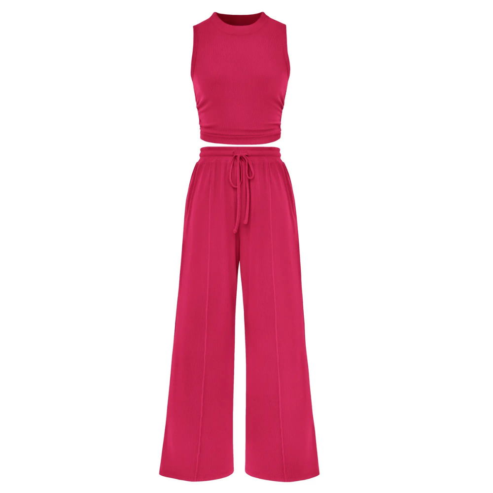 2 Piece Outfits Set With Sleeveless Crop Top And Wide Pants For Women