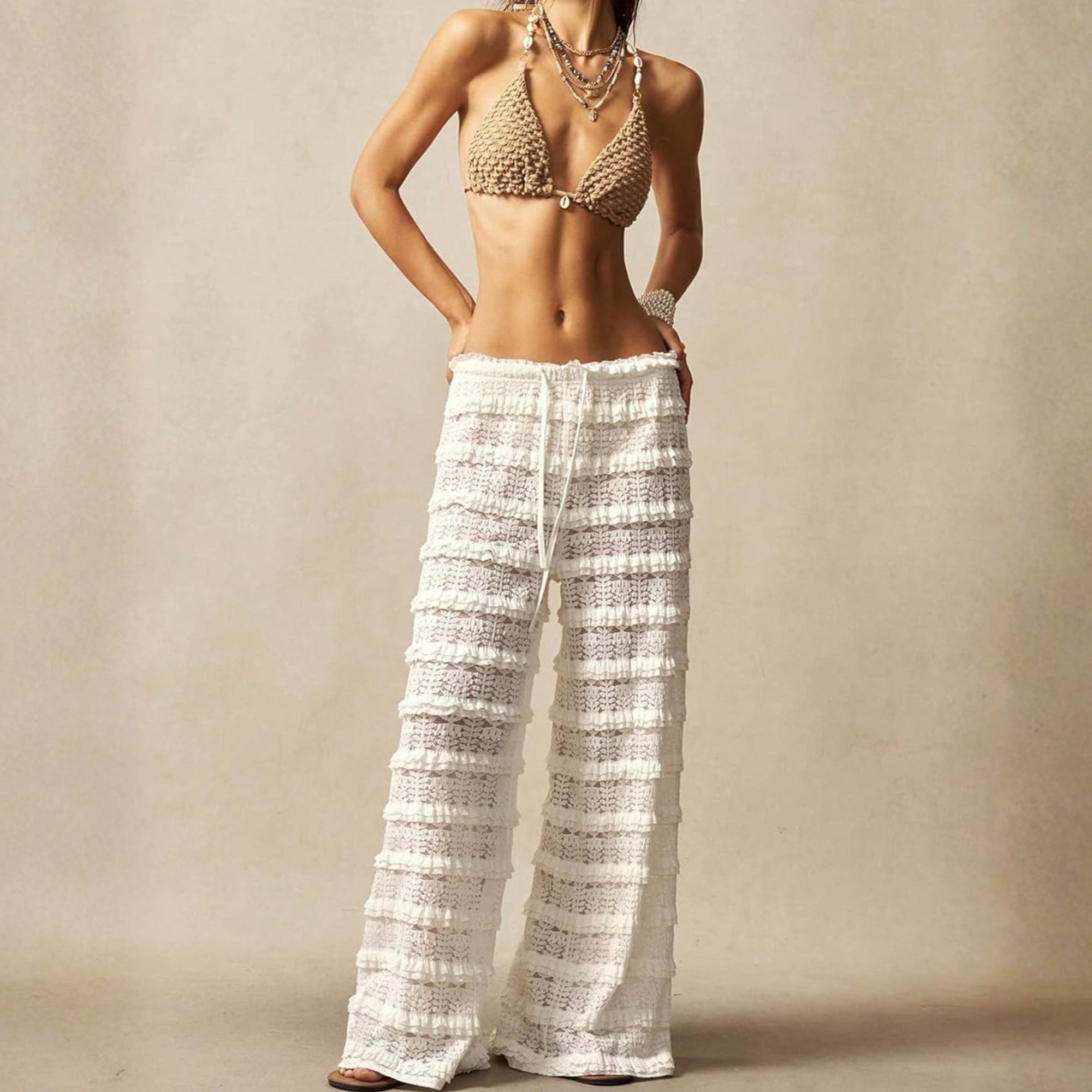 Lace Ruffle Mesh Layered Bathing Suit Pants Beach For Women